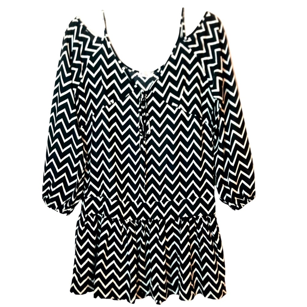 Beginning Boutique Drop Waist Cold Shoulder Chevron Long Sleeve Dress